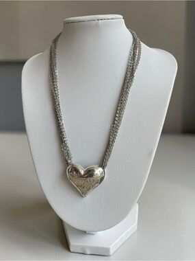 Vintage Silver Tone Puffy Heart Pendant Multi Strand Chain Necklace